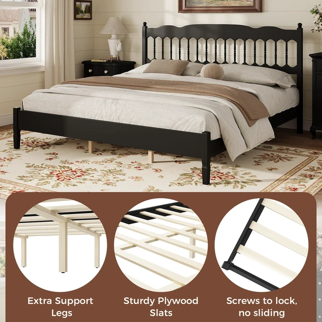 Alt view image 3 of 7 - Countryside King Size Wooden Bed Frame with Spindle Headboard, Heavy Duty Platform Bed with Slats Support Box Spring