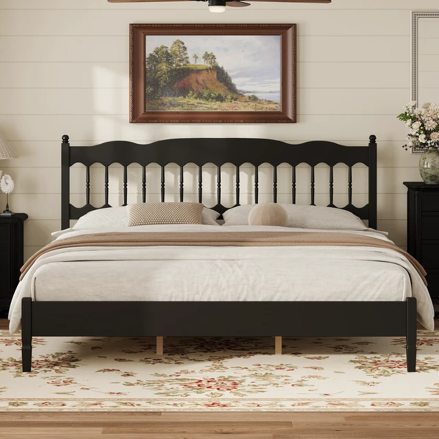 Alt view image 2 of 7 - Countryside King Size Wooden Bed Frame with Spindle Headboard, Heavy Duty Platform Bed with Slats Support Box Spring