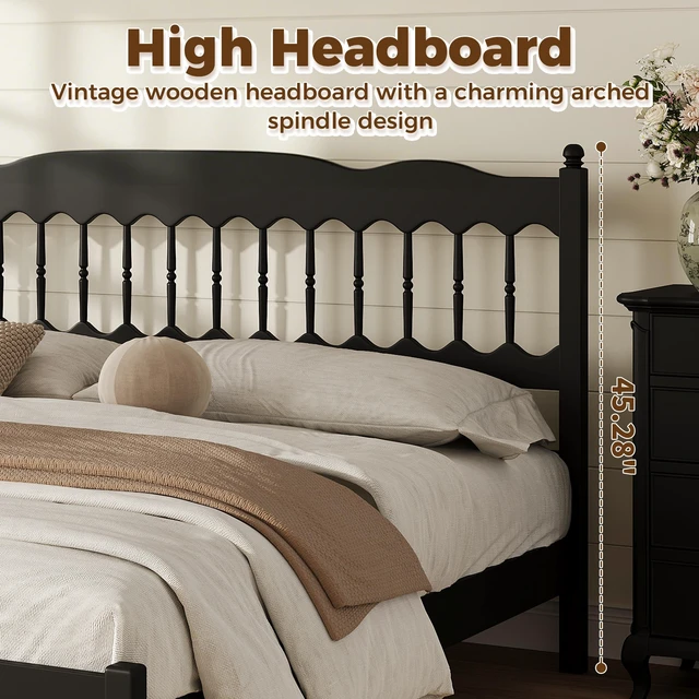 Alt view image 4 of 7 - Countryside King Size Wooden Bed Frame with Spindle Headboard, Heavy Duty Platform Bed with Slats Support Box Spring