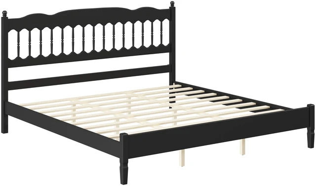 Alt view image 6 of 7 - Countryside King Size Wooden Bed Frame with Spindle Headboard, Heavy Duty Platform Bed with Slats Support Box Spring
