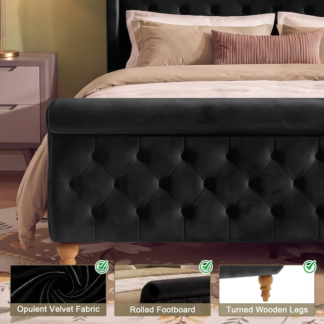 Alt view image 5 of 7 - Queen Size Velvet Upholstered Bed Frame, Button Tufted Sleigh Platform Bed Frame with Curved Headboard and Footboard