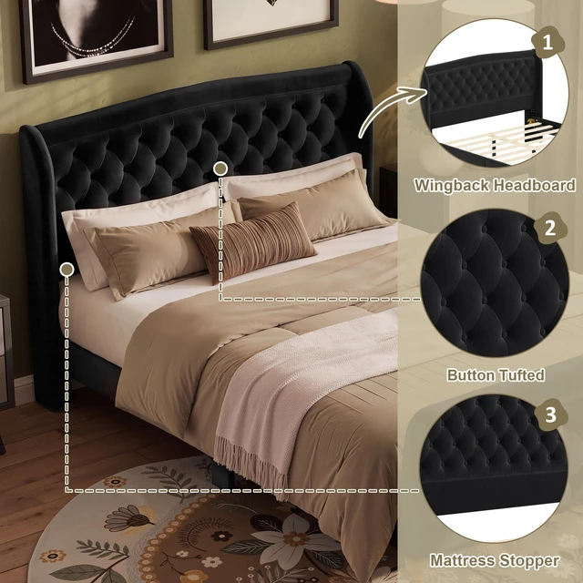 Alt view image 4 of 7 - Queen Size Velvet Upholstered Bed Frame, Button Tufted Sleigh Platform Bed Frame with Curved Headboard and Footboard