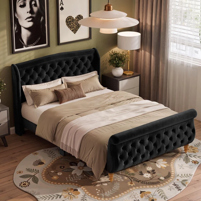 Alt view image 3 of 7 - Queen Size Velvet Upholstered Bed Frame, Button Tufted Sleigh Platform Bed Frame with Curved Headboard and Footboard