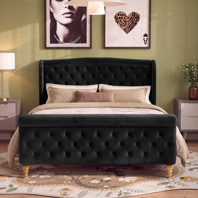 Alt view image 2 of 7 - Queen Size Velvet Upholstered Bed Frame, Button Tufted Sleigh Platform Bed Frame with Curved Headboard and Footboard