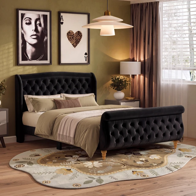 Main image of Queen Size Velvet Upholstered Bed Frame, Button Tufted Sleigh Platform Bed Frame with Curved Headboard and Footboard
