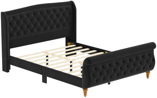 Alt view image 7 of 7 - Queen Size Velvet Upholstered Bed Frame, Button Tufted Sleigh Platform Bed Frame with Curved Headboard and Footboard
