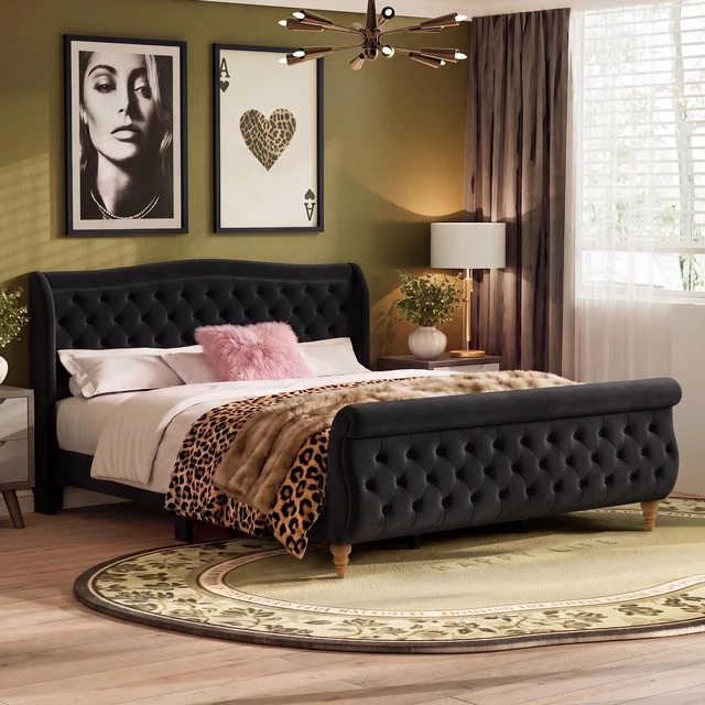 Main image of King Size Velvet Upholstered Bed Frame, Button Tufted Sleigh Platform Bed Frame with Curved Headboard and Footboard