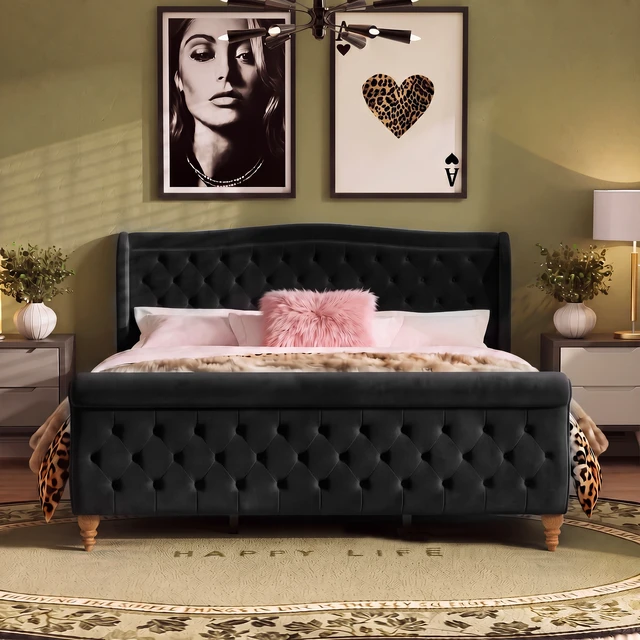 Alt view image 2 of 7 - King Size Velvet Upholstered Bed Frame, Button Tufted Sleigh Platform Bed Frame with Curved Headboard and Footboard