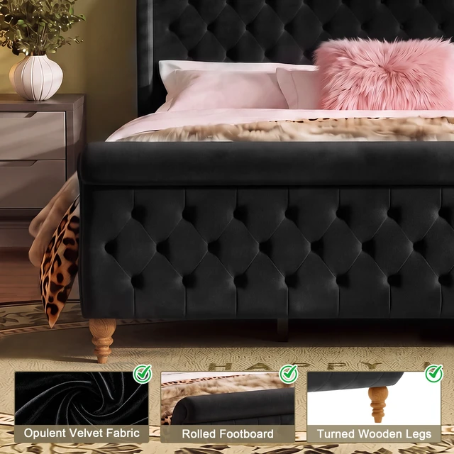 Alt view image 5 of 7 - King Size Velvet Upholstered Bed Frame, Button Tufted Sleigh Platform Bed Frame with Curved Headboard and Footboard
