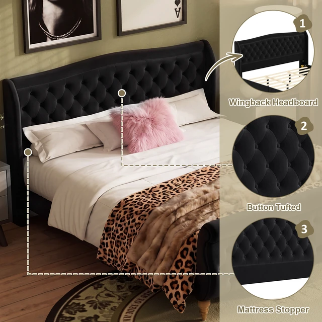 Alt view image 4 of 7 - King Size Velvet Upholstered Bed Frame, Button Tufted Sleigh Platform Bed Frame with Curved Headboard and Footboard