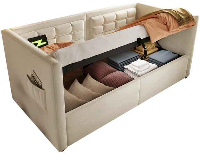 Alt view image 5 of 7 - Old SKU Upholstered Twin Size Daybed, Hydraulic Storage Twin Bed Frame with USB and Type Charging Bed Frame with Wooden