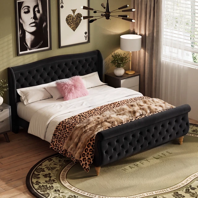 Alt view image 3 of 7 - King Size Velvet Upholstered Bed Frame, Button Tufted Sleigh Platform Bed Frame with Curved Headboard and Footboard