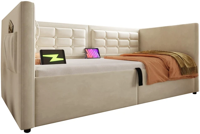 Alt view image 6 of 7 - Old SKU Upholstered Twin Size Daybed, Hydraulic Storage Twin Bed Frame with USB and Type Charging Bed Frame with Wooden
