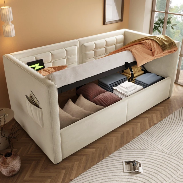 Alt view image 7 of 7 - Old SKU Upholstered Twin Size Daybed, Hydraulic Storage Twin Bed Frame with USB and Type Charging Bed Frame with Wooden