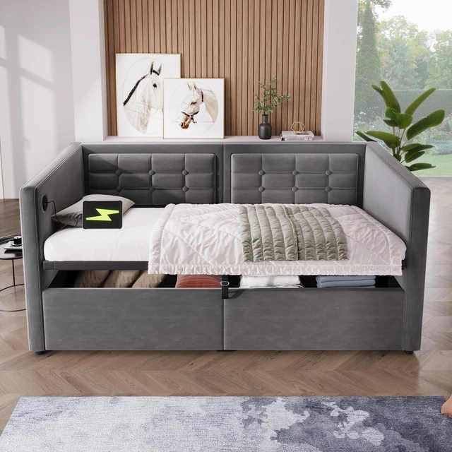 Main image of Old SKU Upholstered Twin Size Daybed, Hydraulic Storage Twin Bed Frame with USB and Type Charging Bed Frame with Wooden