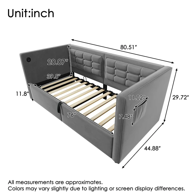 Alt view image 2 of 7 - Old SKU Upholstered Twin Size Daybed, Hydraulic Storage Twin Bed Frame with USB and Type Charging Bed Frame with Wooden