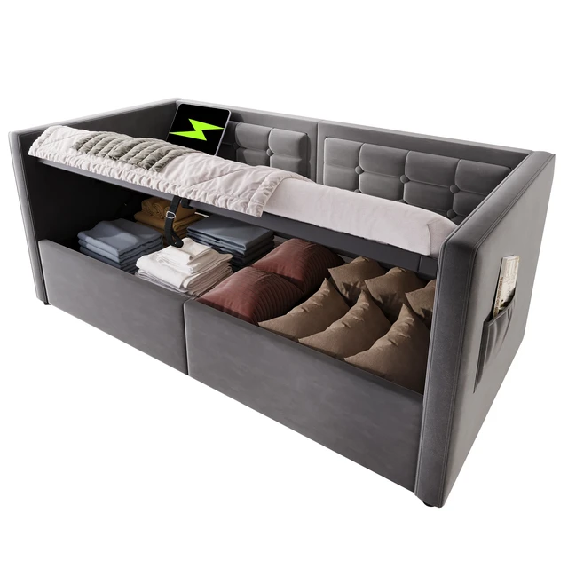 Alt view image 6 of 7 - Old SKU Upholstered Twin Size Daybed, Hydraulic Storage Twin Bed Frame with USB and Type Charging Bed Frame with Wooden
