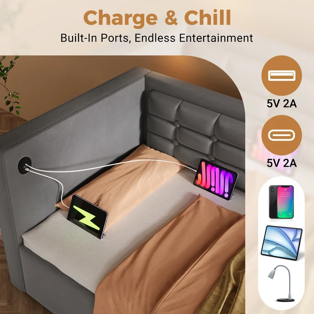 Alt view image 3 of 7 - Old SKU Upholstered Twin Size Daybed, Hydraulic Storage Twin Bed Frame with USB and Type Charging Bed Frame with Wooden