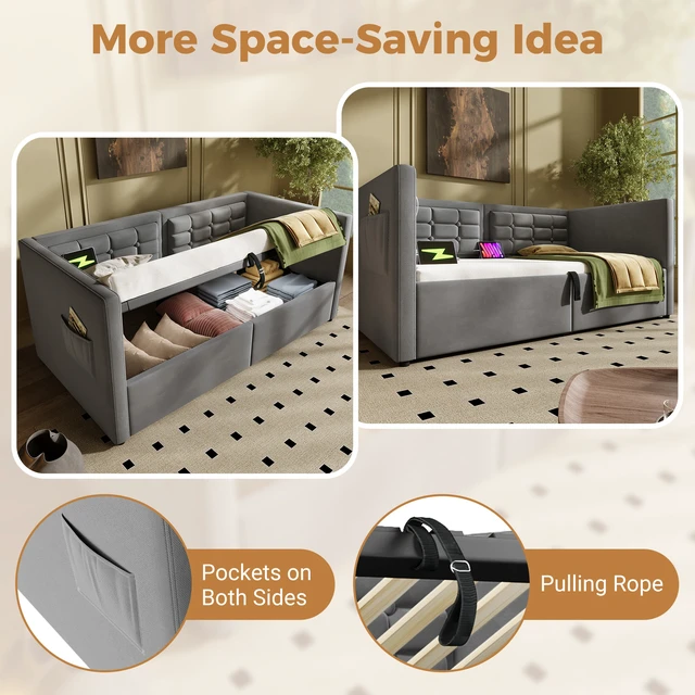 Alt view image 4 of 7 - Old SKU Upholstered Twin Size Daybed, Hydraulic Storage Twin Bed Frame with USB and Type Charging Bed Frame with Wooden