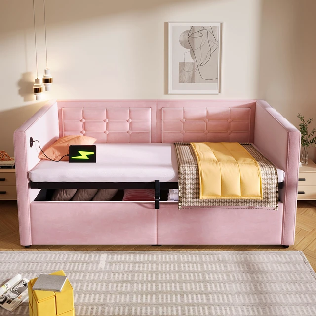 Main image of Old SKU Upholstered Twin Size Daybed, Hydraulic Storage Twin Bed Frame with USB and Type Charging Bed Frame with Wooden