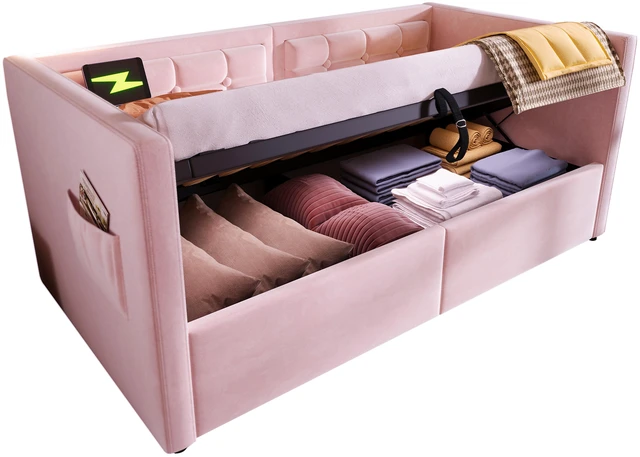 Alt view image 5 of 7 - Old SKU Upholstered Twin Size Daybed, Hydraulic Storage Twin Bed Frame with USB and Type Charging Bed Frame with Wooden