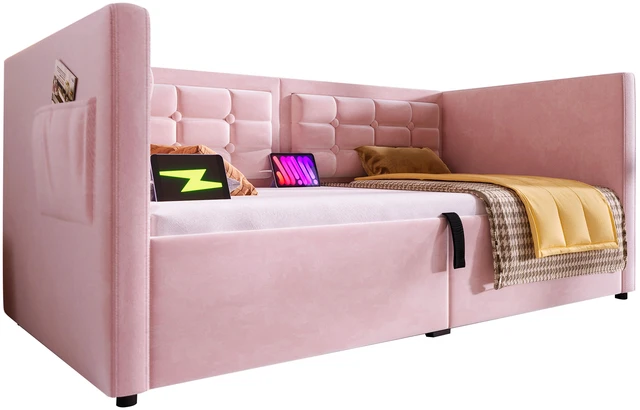 Alt view image 6 of 7 - Old SKU Upholstered Twin Size Daybed, Hydraulic Storage Twin Bed Frame with USB and Type Charging Bed Frame with Wooden