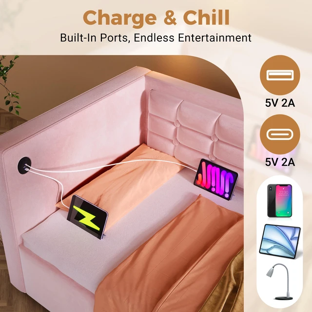 Alt view image 3 of 7 - Old SKU Upholstered Twin Size Daybed, Hydraulic Storage Twin Bed Frame with USB and Type Charging Bed Frame with Wooden