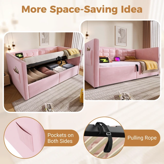 Alt view image 4 of 7 - Old SKU Upholstered Twin Size Daybed, Hydraulic Storage Twin Bed Frame with USB and Type Charging Bed Frame with Wooden