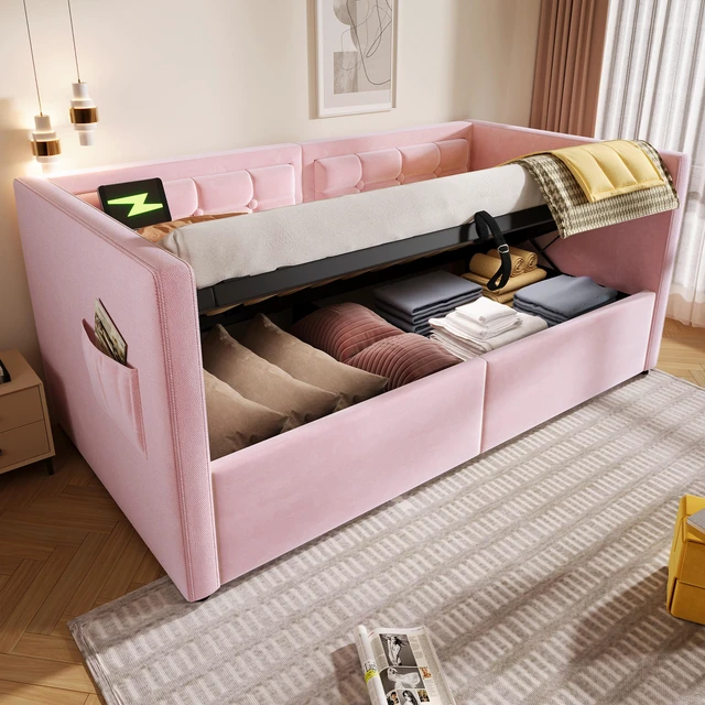 Alt view image 7 of 7 - Old SKU Upholstered Twin Size Daybed, Hydraulic Storage Twin Bed Frame with USB and Type Charging Bed Frame with Wooden
