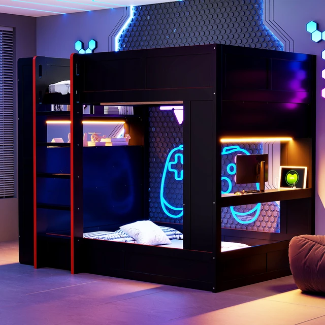 Alt view image 5 of 7 - Full Size Gaming Bunk Bed with Desk, Storage Shelves LED and Charging Station, Black, Solid Wood and MDF, Beds Frames