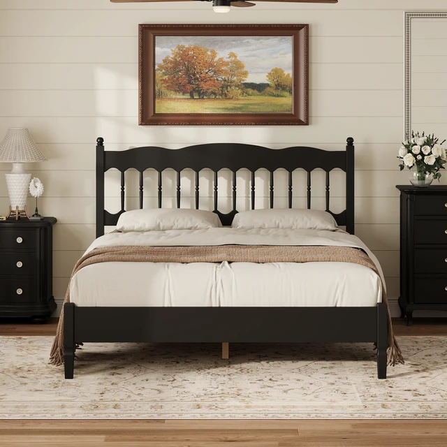 Alt view image 2 of 7 - Countryside Queen Size Wooden Bed Frame with Spindle Headboard, Heavy Duty Platform Bed with Slats Support Box Spring