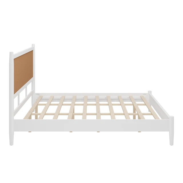 Alt view image 5 of 7 - King Size Platform Bed Frame with Rattan Headboard, Wicker Bed with Wooden Slats Support Coastal Box Spring Needed