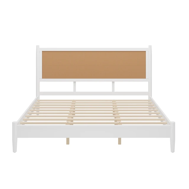 Alt view image 4 of 7 - King Size Platform Bed Frame with Rattan Headboard, Wicker Bed with Wooden Slats Support Coastal Box Spring Needed