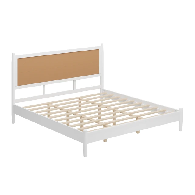 Alt view image 6 of 7 - King Size Platform Bed Frame with Rattan Headboard, Wicker Bed with Wooden Slats Support Coastal Box Spring Needed