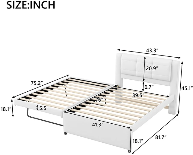 Alt view image 4 of 7 - Twin Size Upholstery Platform Bed with Trundle, Trundle Can Flat Erected, Beige, Beds Frames Bases