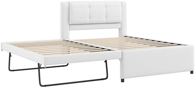 Alt view image 5 of 7 - Twin Size Upholstery Platform Bed with Trundle, Trundle Can Flat Erected, Beige, Beds Frames Bases