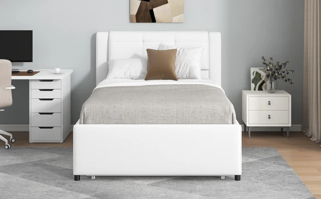 Alt view image 6 of 7 - Twin Size Upholstery Platform Bed with Trundle, Trundle Can Flat Erected, Beige, Beds Frames Bases
