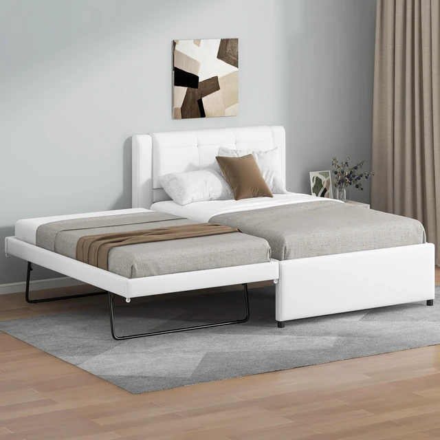 Main image of Twin Size Upholstery Platform Bed with Trundle, Trundle Can Flat Erected, Beige, Beds Frames Bases