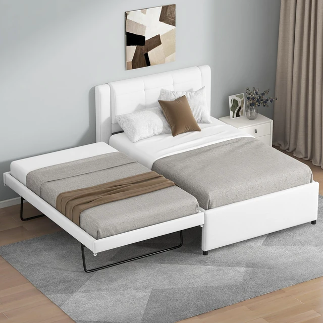 Alt view image 2 of 7 - Twin Size Upholstery Platform Bed with Trundle, Trundle Can Flat Erected, Beige, Beds Frames Bases