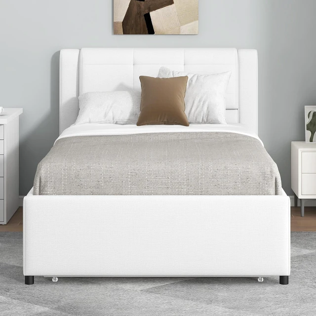 Alt view image 3 of 7 - Twin Size Upholstery Platform Bed with Trundle, Trundle Can Flat Erected, Beige, Beds Frames Bases
