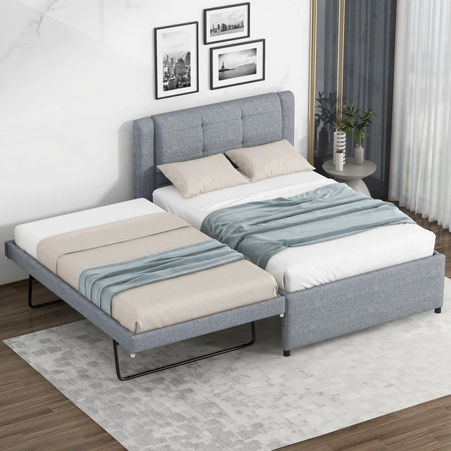 Alt view image 3 of 7 - Twin Size Upholstery Platform Bed with Trundle, Trundle Can Flat Erected, Gray, Beds Frames Bases