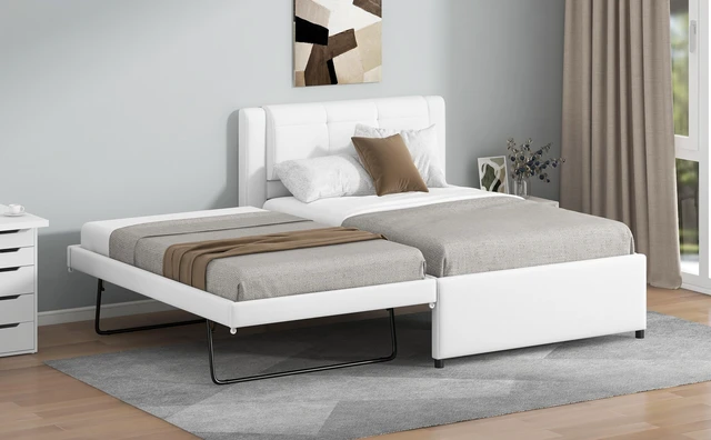 Alt view image 7 of 7 - Twin Size Upholstery Platform Bed with Trundle, Trundle Can Flat Erected, Beige, Beds Frames Bases