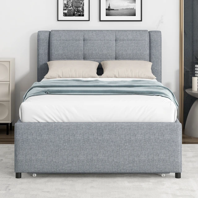 Alt view image 2 of 7 - Twin Size Upholstery Platform Bed with Trundle, Trundle Can Flat Erected, Gray, Beds Frames Bases