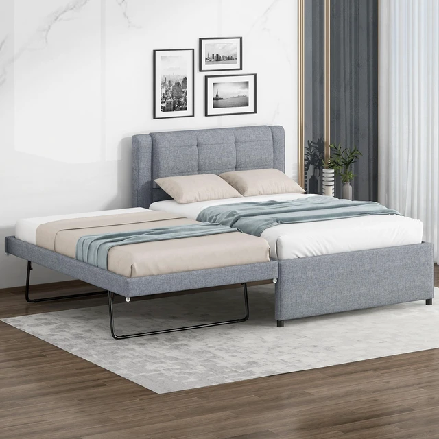 Main image of Twin Size Upholstery Platform Bed with Trundle, Trundle Can Flat Erected, Gray, Beds Frames Bases
