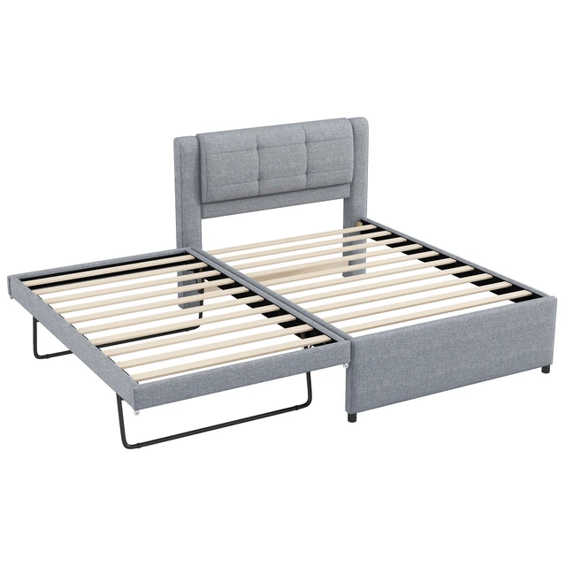 Alt view image 5 of 7 - Twin Size Upholstery Platform Bed with Trundle, Trundle Can Flat Erected, Gray, Beds Frames Bases