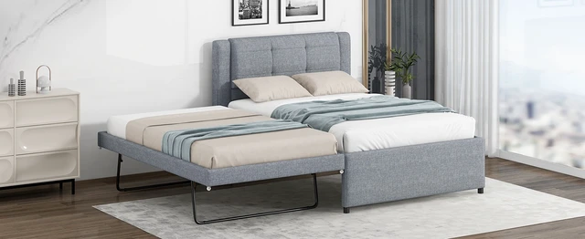 Alt view image 7 of 7 - Twin Size Upholstery Platform Bed with Trundle, Trundle Can Flat Erected, Gray, Beds Frames Bases