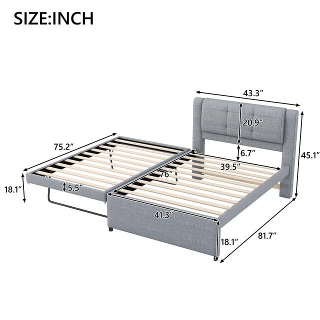 Alt view image 4 of 7 - Twin Size Upholstery Platform Bed with Trundle, Trundle Can Flat Erected, Gray, Beds Frames Bases