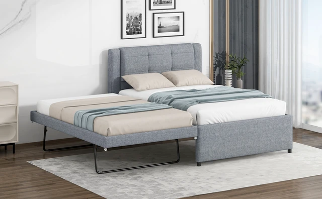 Alt view image 6 of 7 - Twin Size Upholstery Platform Bed with Trundle, Trundle Can Flat Erected, Gray, Beds Frames Bases