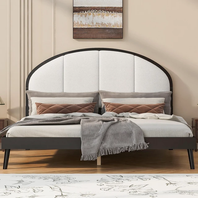 Alt view image 3 of 7 - Queen Size Upholstered Platform Bed Frame with Linen Headboard, Black, Solid Wood, Beds Frames Bases
