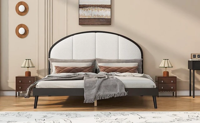 Alt view image 5 of 7 - Queen Size Upholstered Platform Bed Frame with Linen Headboard, Black, Solid Wood, Beds Frames Bases